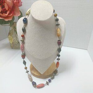 5/$25 State Multicolor 27" Carved Bead Necklace Handmade VTG
